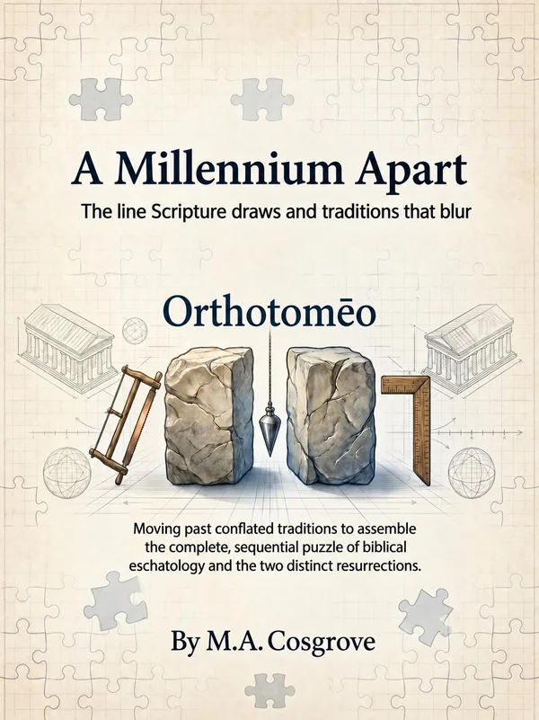 Cover of A Millennium Apart by M.A. Cosgrove: two split stones with a plumb line between them, beneath the word Orthotomeō.